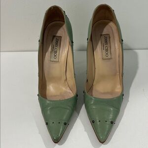 Jimmy Choo Green Leather Studded Pointed-Toe Pumps | 39.5 | Made in Italy
